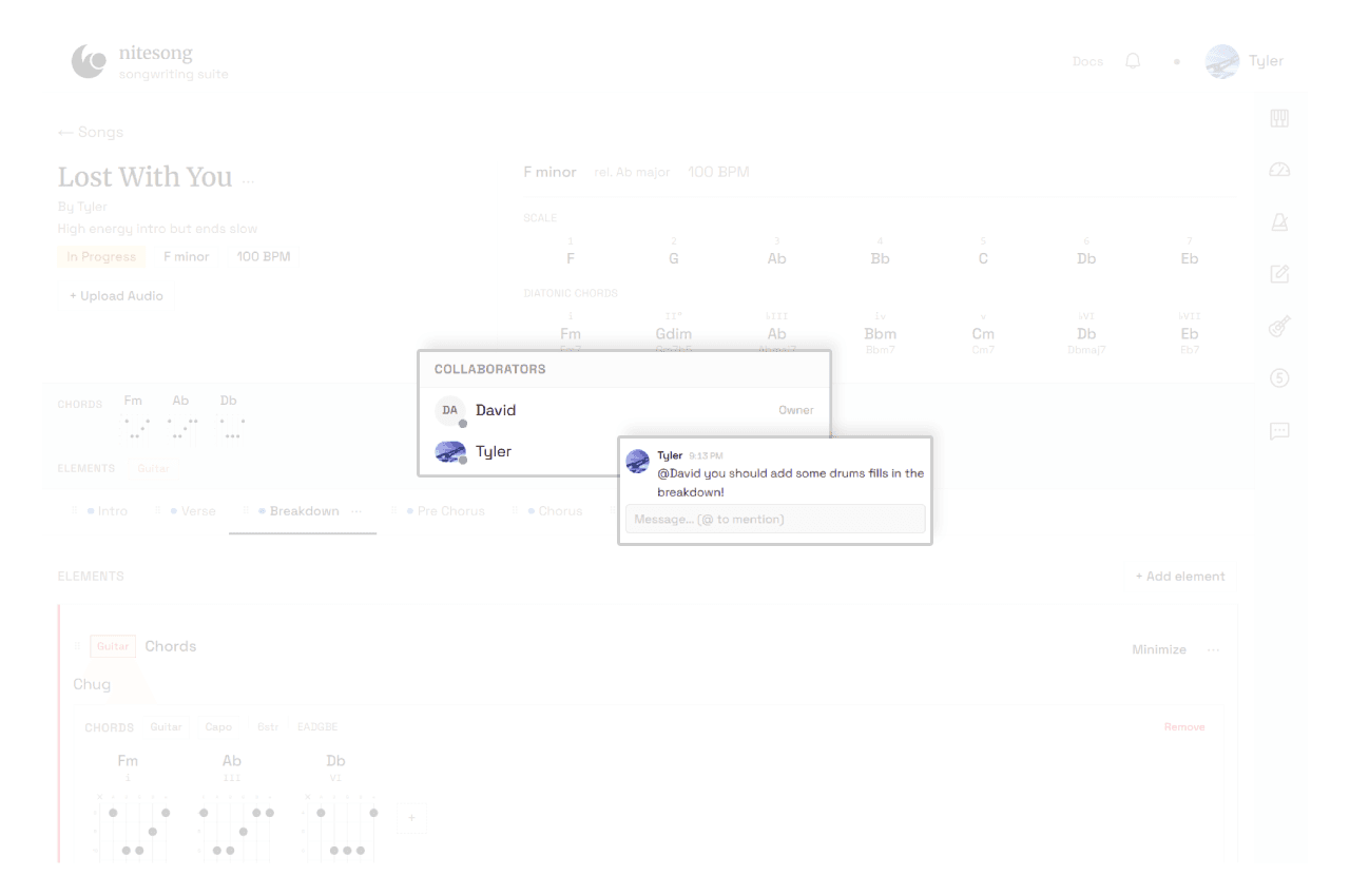 Nitesong collaboration — song chat with @mentions and collaborator roles