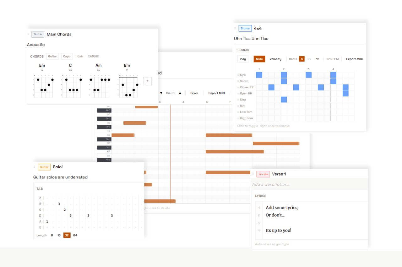 Nitesong notation editors — lyrics, chords, guitar tab, drum sequencer, and piano roll